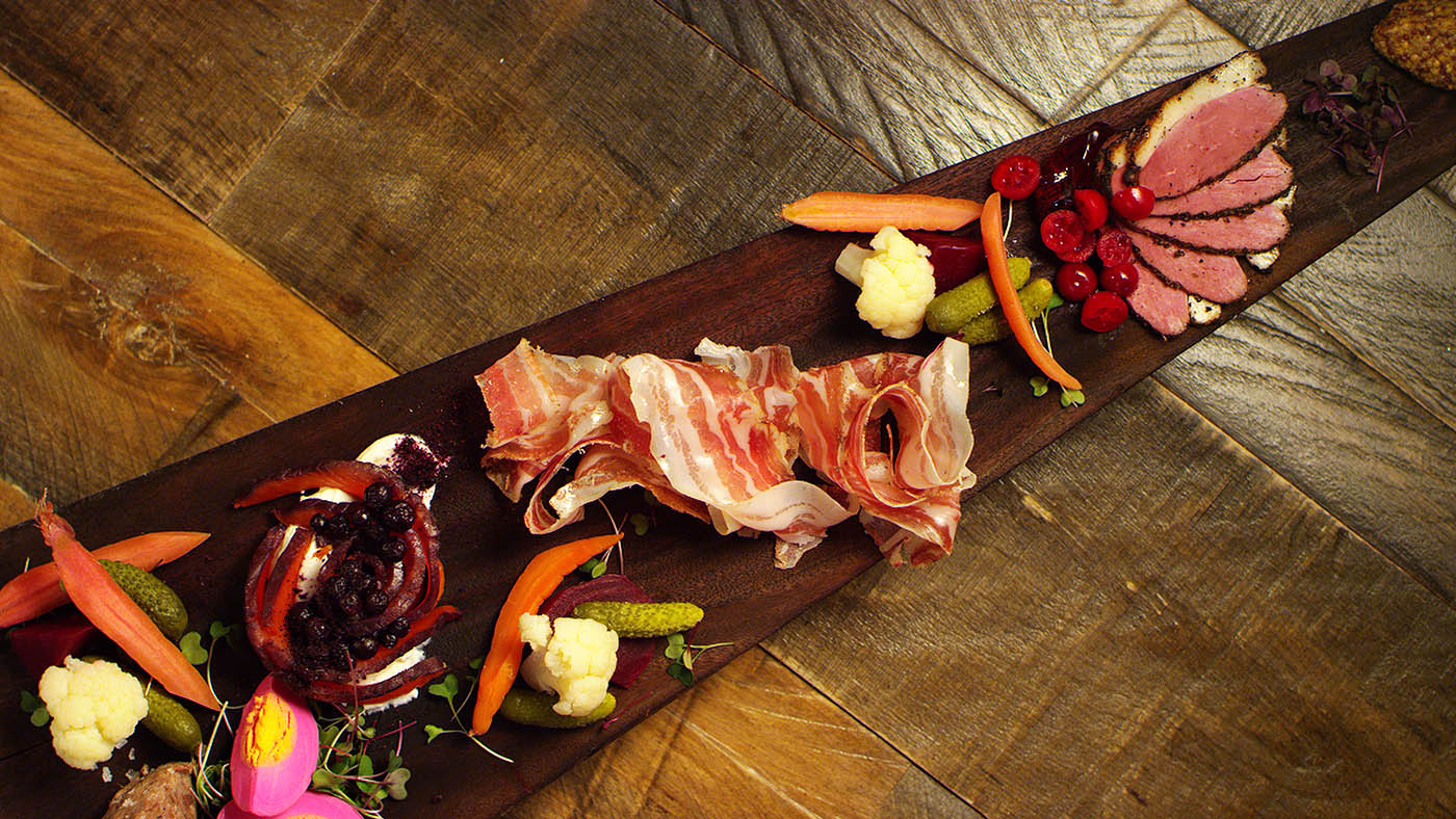 Charcuterie on a serving board.